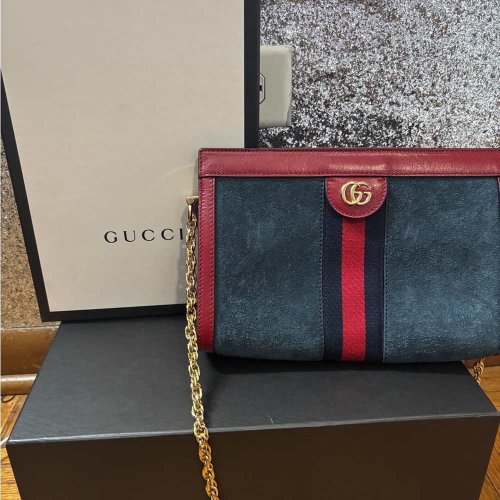 Gucci Ophidia in blue suede with red leather cross body